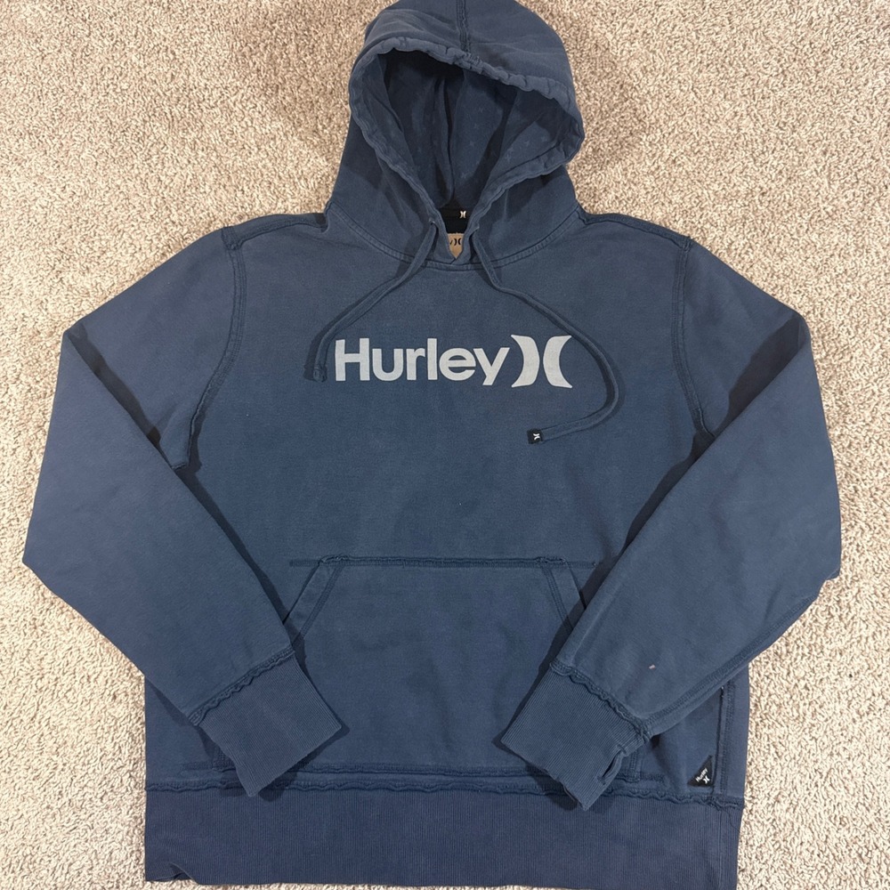 Hurley Hoodie Men Medium Navy Blue Good Logo Graphic Pullover Raw Edge M